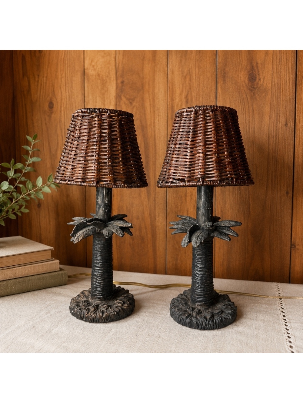 Vintage Palm Tree Table Lamps Set of 2 Wicker Shades Tropical Boho Decor 11"